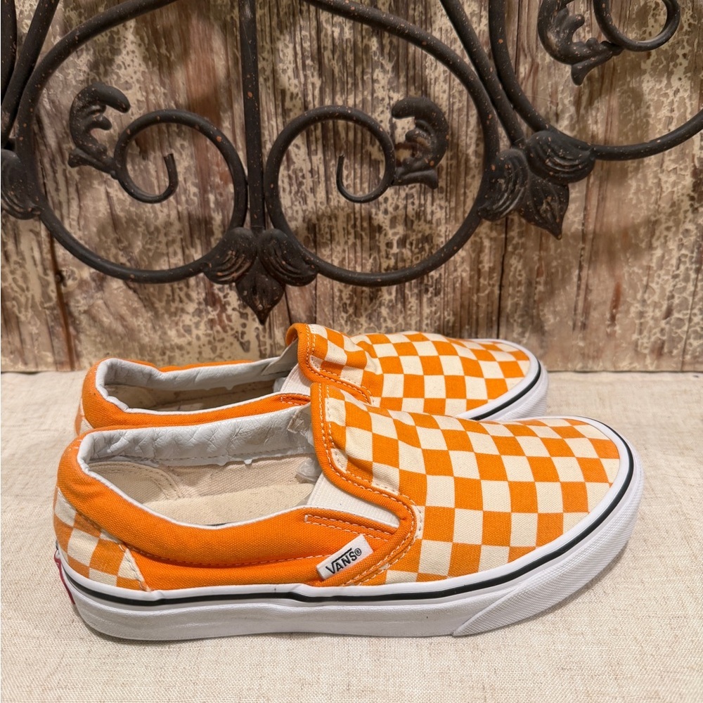 Vans Orange Checkerboard Slip-On Sneakers 7 - Picture 3 of 9